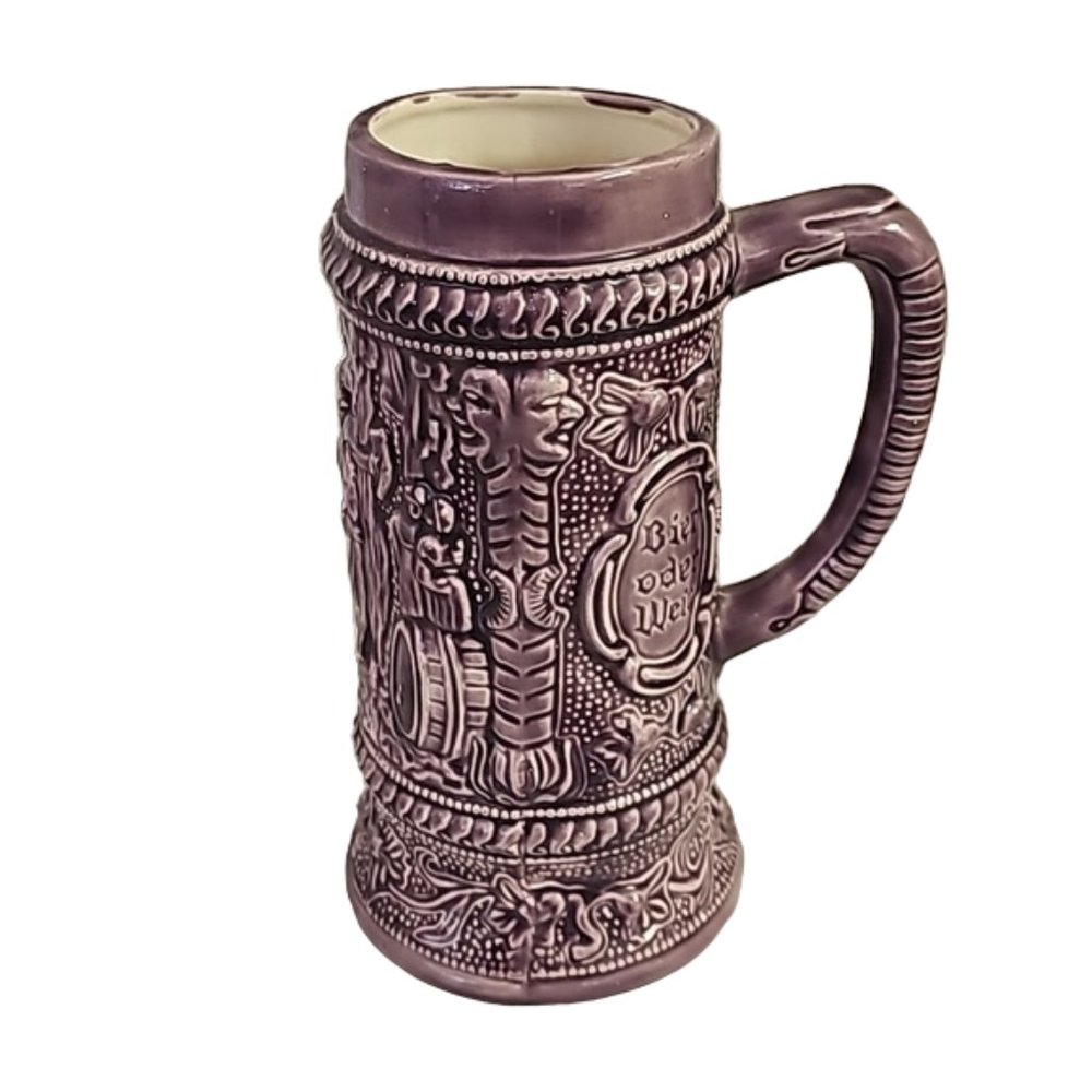 Vtg German Arnel's handpainted ceramic beer stein Bier oder Wein Eins muss sein